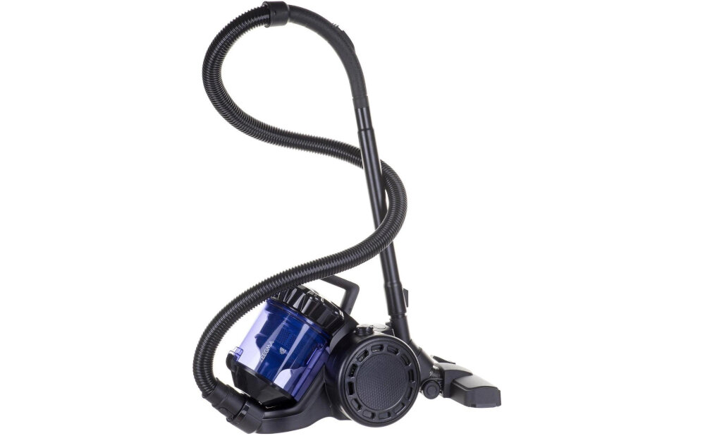 Odkurzacz z dużym pojemnikiem na kurz w kolorze niebieskim, z elastycznym wężem i szczotką podłogową. Produkt ma nowoczesny design i widoczne logo \'ZEEGMA\'.