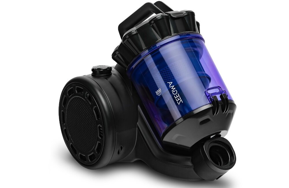 Odkurzacz z przezroczystym, niebieskim pojemnikiem na kurz i czarnymi elementami. Na pojemniku widoczne jest logo \'ZEEGMA\'.