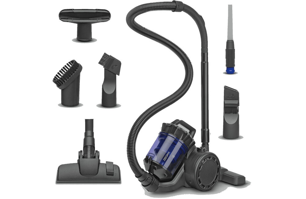 Na obrazie znajduje się odkurzacz z niebieskim pojemnikiem oraz różne końcówki do czyszczenia. Widoczne jest logo \'ZEEGMA\' na pojemniku.