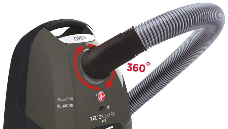 Odkurzacz z elastycznym wężem obracającym się o 360 stopni, z widocznym logo producenta i napisem \'TELIOS EXTRA PET\'. Na górze znajduje się napis \'OPEN\'.