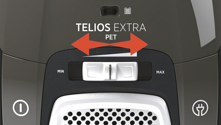 Na obrazie widoczny jest panel odkurzacza z napisem \'TELIOS EXTRA PET\' oraz suwak regulacji z oznaczeniami \'MIN\' i \'MAX\'.