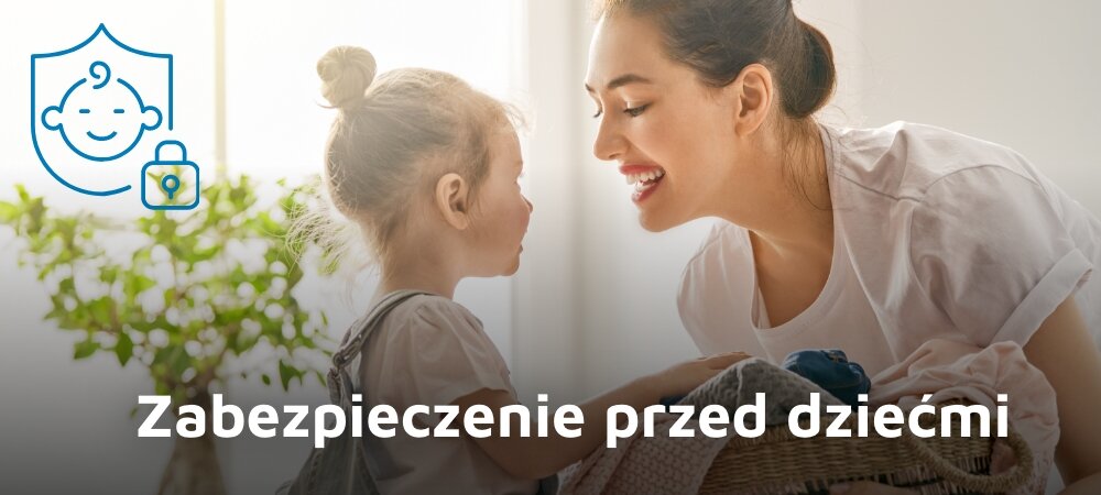 Na obrazie widać kobietę i dziecko w jasnym pomieszczeniu, obok znajduje się ikona przedstawiająca twarz dziecka z kłódką. Na dole widnieje napis \'Zabezpieczenie przed dziećmi\'.