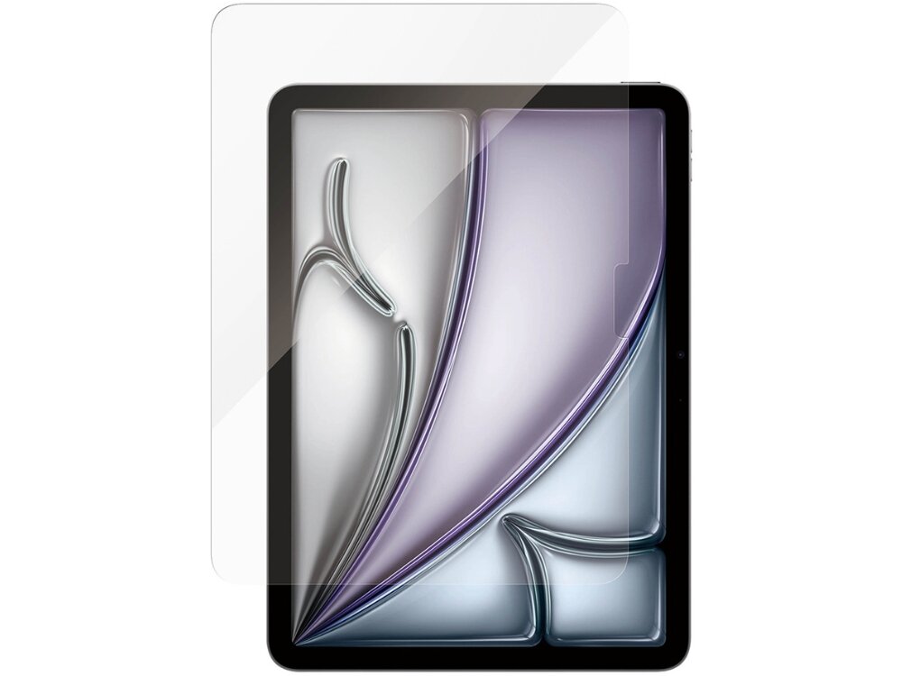 Obraz przedstawia szkło hartowane nałożone na ekran tabletu, z widocznym abstrakcyjnym wzorem w odcieniach szarości i fioletu. Szkło jest przezroczyste i dopasowane do kształtu ekranu.