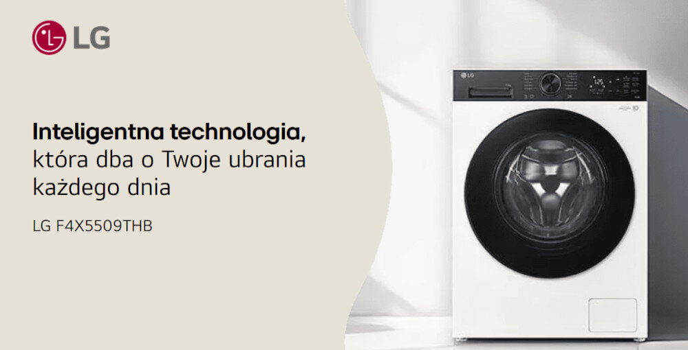 PRALKA LG F4X5509THB Grafika promocyjna przedstawia białą pralkę LG z czarnym frontem ustawioną w jasnym, minimalistycznym wnętrzu. Po lewej stronie widnieje logo LG oraz hasło „Inteligentna technologia, która dba o Twoje ubrania każdego dnia”, wraz z oznaczeniem modelu LG F4X5509THB