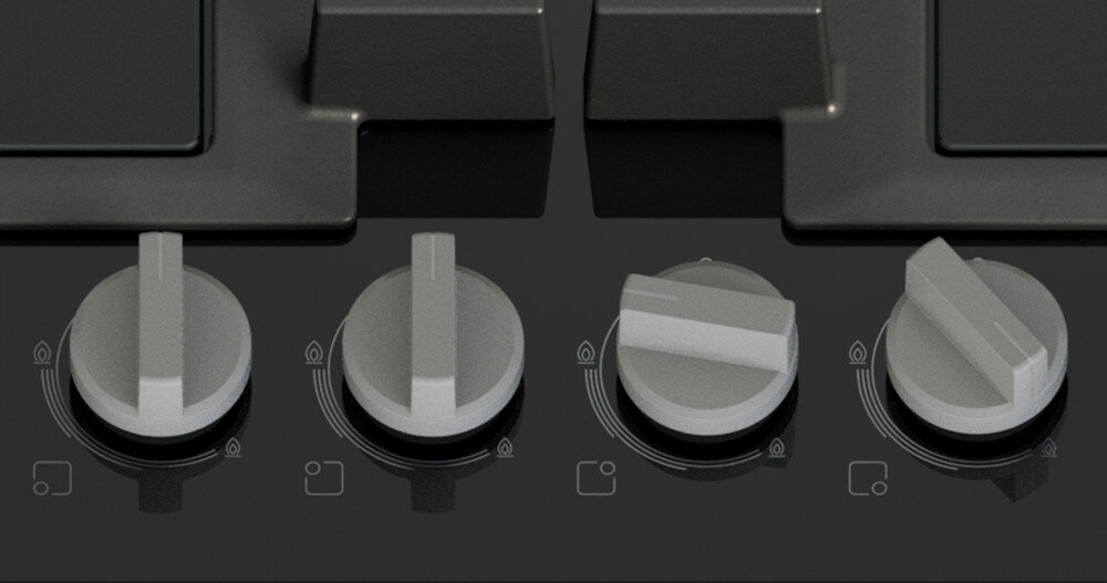 PŁYTA BOSCH PNH6B6K40 Na zdjęciu pokazano zbliżenie czterech srebrnych pokręteł sterujących płyty gazowej umieszczonych na czarnej, szklanej powierzchni. Wokół nich znajdują się graficzne oznaczenia płomienia i pozycji pracy palników, ułatwiające obsługę urządzenia zdejmowane pokrętła łatwe czyszczenie higiena kuchni czysta płyta estetyczny wygląd wygodne utrzymanie czystości trudno dostępne miejsca