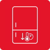 Ikona przedstawia schemat lodówki z symbolem termometru i strzałką skierowaną w dół, na czerwonym tle.