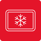 Czerwona ikona z białym symbolem płatka śniegu w prostokącie, sugerująca funkcję chłodzenia lub mrożenia.
