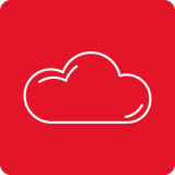 Czerwona ikona z białym konturem chmury na środku.