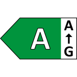 Etykieta energetyczna z zieloną strzałką i literą \'A\', obok skala od \'A\' do \'G\'.