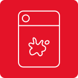 Czerwona ikona przedstawiająca stylizowaną pralkę z białym konturem i symbolem plamy na froncie.