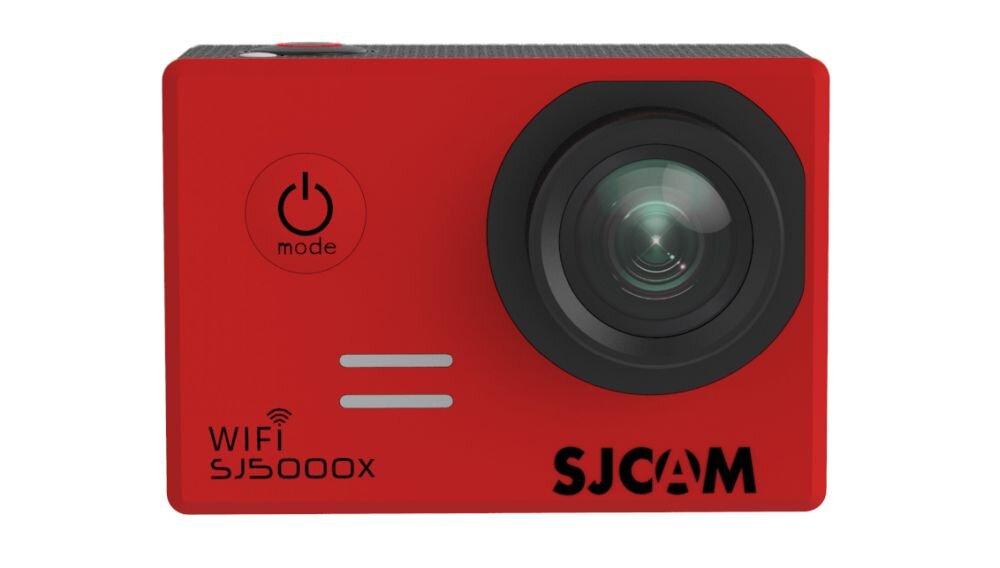 Czerwona kamera sportowa z dużym obiektywem po jednej stronie i przyciskiem z napisem \'mode\' po drugiej. Na obudowie widoczne są napisy: \'WiFi SJ5000x\' oraz logo \'SJCAM\'.