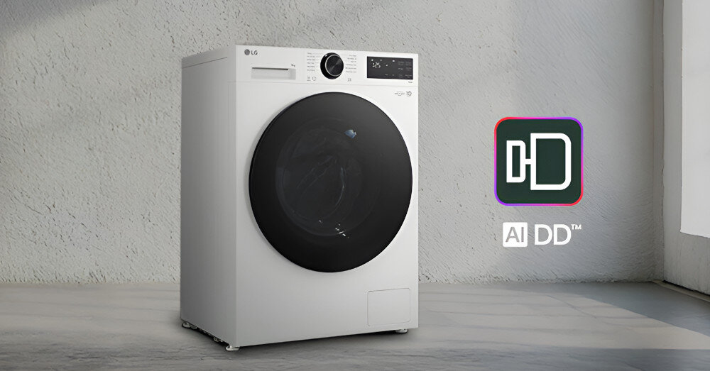 PRALKA LG SLIM F2X50S9THB Na grafice znajduje się pralka LG na tle ściany oraz logo AI DD™, co akcentuje zastosowanie sztucznej inteligencji dopasowującej ruchy bębna do rodzaju tkanin.