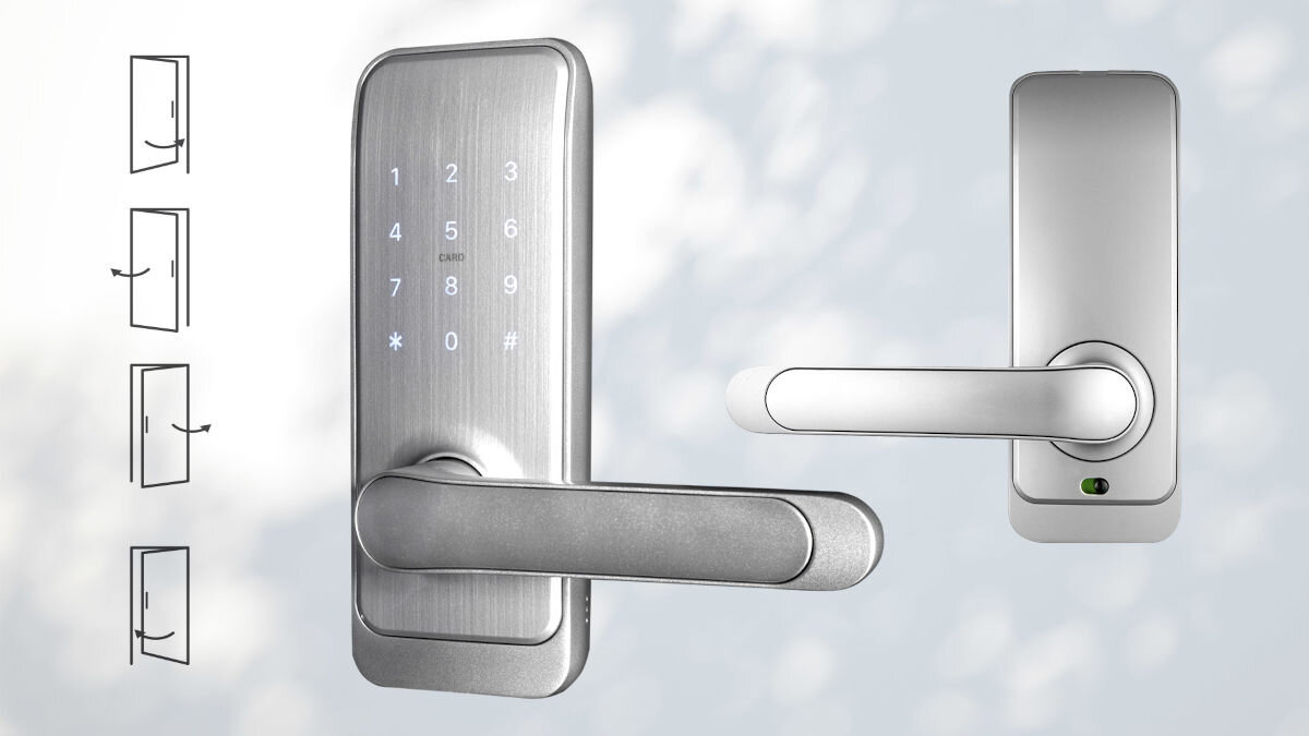 Obraz przedstawia srebrną klamkę z panelem numerycznym, na którym widoczne są cyfry 1-9 oraz symbole *, #. Obok znajdują się schematyczne rysunki drzwi z klamką w różnych pozycjach.