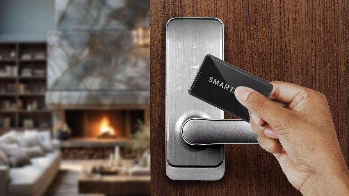 Na drewnianych drzwiach zamontowana jest srebrna klamka z panelem dotykowym i cyframi. Osoba trzyma kartę z napisem \'SMART\' przed panelem.