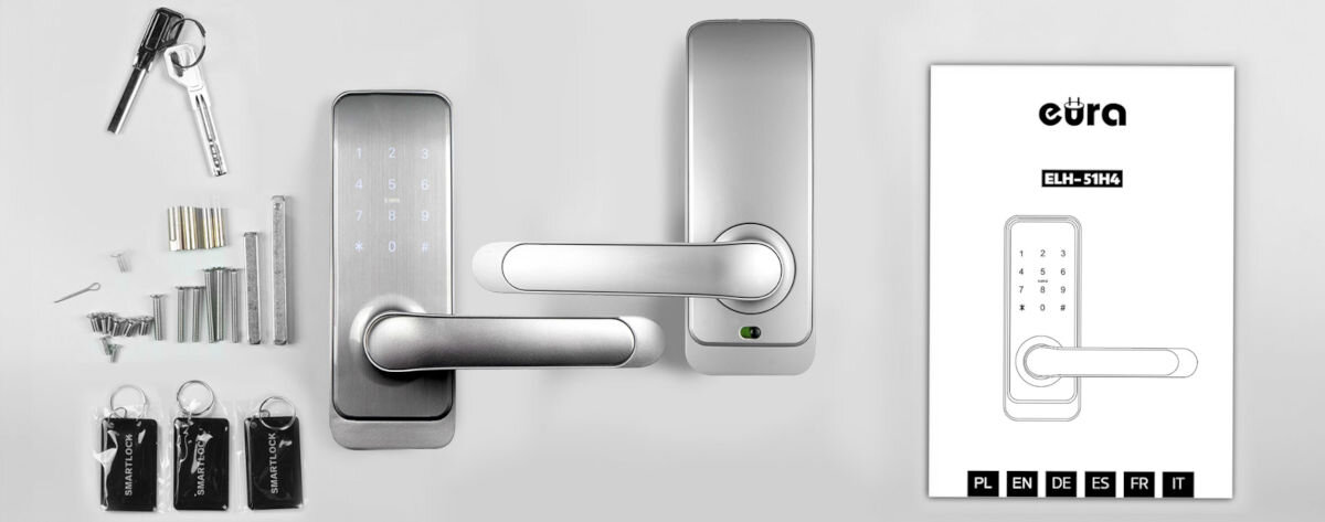 Na obrazie widoczna jest srebrna klamka z panelem dotykowym oraz zestaw akcesoriów, w tym klucze, śruby i baterie. Obok znajduje się instrukcja z logo \'eura\' i oznaczeniem \'ELH-51H4\'.