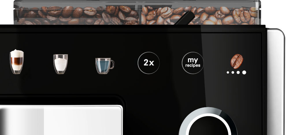 Panel ekspresu do kawy z ikonami napojów i przyciskiem \'my recipes\'. Widoczne ziarna kawy w pojemniku.