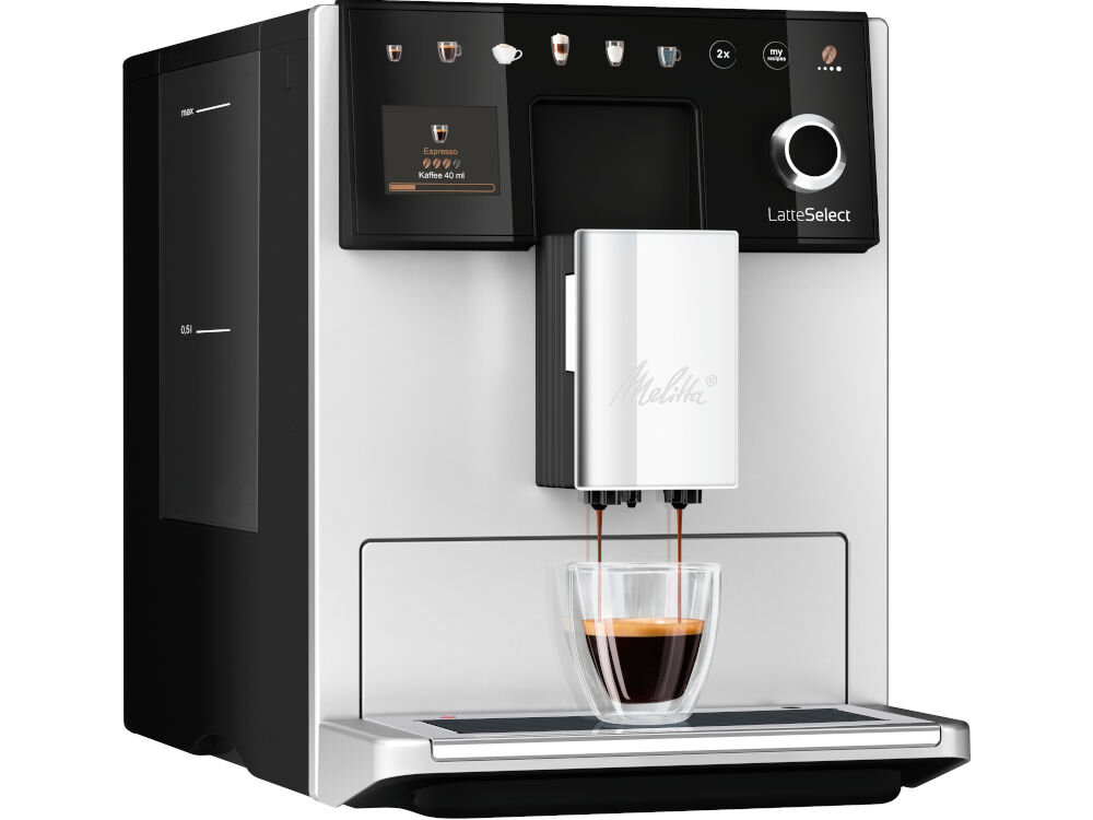 Ekspres do kawy z panelem sterowania i wyświetlaczem pokazującym \'Espresso\' oraz \'Koffee 40 ml\'. Logo \'Melitta\' widoczne na przednim panelu.