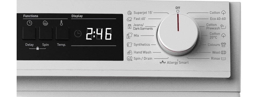 Panel sterowania pralki z wyświetlaczem pokazującym czas 2:46 oraz pokrętłem wyboru programów, takich jak Superjet 15\', Fast 60\', Jeans/Dark Garments, Mix, Synthetics, Hand Wash, Spin/Drain, Cotton, Eco 40-60, Cotton Prewash, Cotton 20°C, Colours, Wool, Rinse. Obok pokrętła znajduje się napis \'Allergy Smart\'.