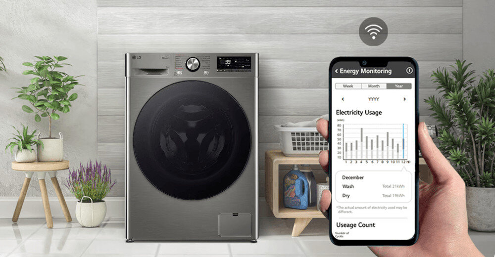 Na obrazie widoczna jest pralka w kolorze srebrnym z panelem sterowania i dużym okrągłym bębnem. Obok pralki osoba trzyma smartfon z aplikacją monitorującą zużycie energii, a w tle znajdują się rośliny i kosz z praniem.