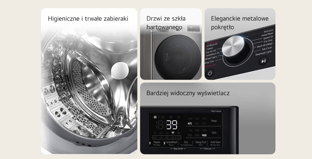 Obraz przedstawia wnętrze pralki z napisem \'Higieniczne i trwałe zabieraki\', drzwi ze szkła hartowanego, eleganckie metalowe pokrętło oraz bardziej widoczny wyświetlacz z różnymi opcjami prania.