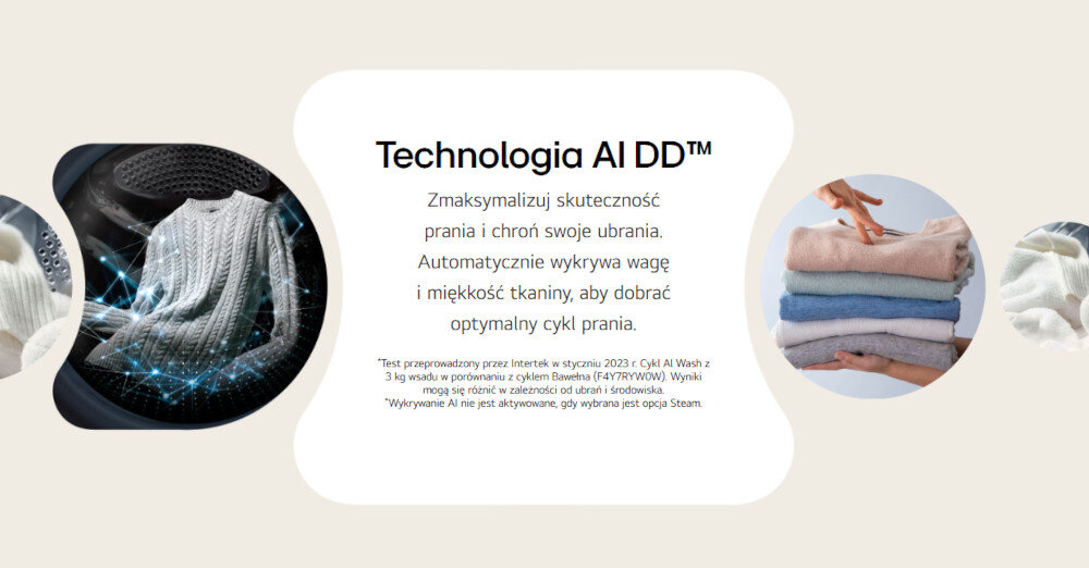 Obraz przedstawia tekst dotyczący technologii AI DD™ z opisem: \'Zmaksymalizuj skuteczność prania i chroń swoje ubrania. Automatycznie wykrywa wagę i miękkość tkaniny, aby dobrać optymalny cykl prania.\' Po bokach znajdują się zdjęcia ubrań w pralce oraz stosu złożonych ręczników.
