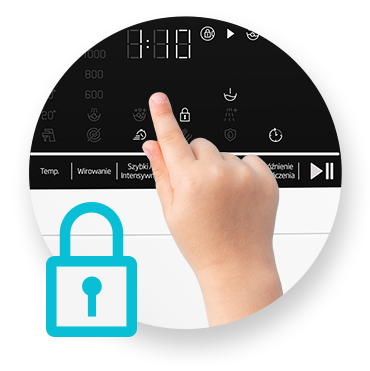 Dłoń dziecka dotyka panelu sterowania pralki z wyświetlaczem cyfrowym i ikonami. Na obrazie widoczne jest także niebieskie logo kłódki symbolizujące blokadę.