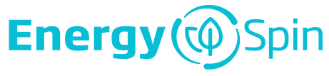 Logo z napisem \'Energy Spin\' w kolorze turkusowym, z symbolem liścia w okręgu między słowami.