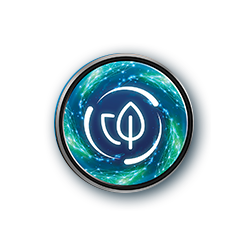 Ikona przedstawia biały symbol liścia otoczony okręgiem na tle wirującej wody w odcieniach niebieskiego i zielonego.