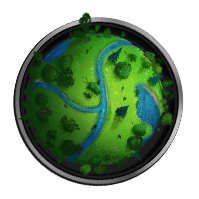 Ikona przedstawia stylizowaną planetę z zielonymi obszarami i niebieskimi rzekami, otoczoną ciemnym pierścieniem.