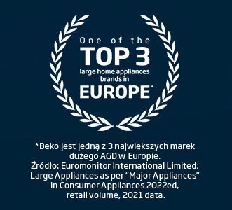 Grafika przedstawia tekst: \'One of the TOP 3 large home appliances brands in EUROPE\'. Poniżej znajduje się informacja: \'*Beko jest jedną z 3 największych marek dużego AGD w Europie. Źródło: Euromonitor International Limited; Large Appliances as per \'Major Appliances\' in Consumer Appliances 2022ed, retail volume, 2021 data.\'