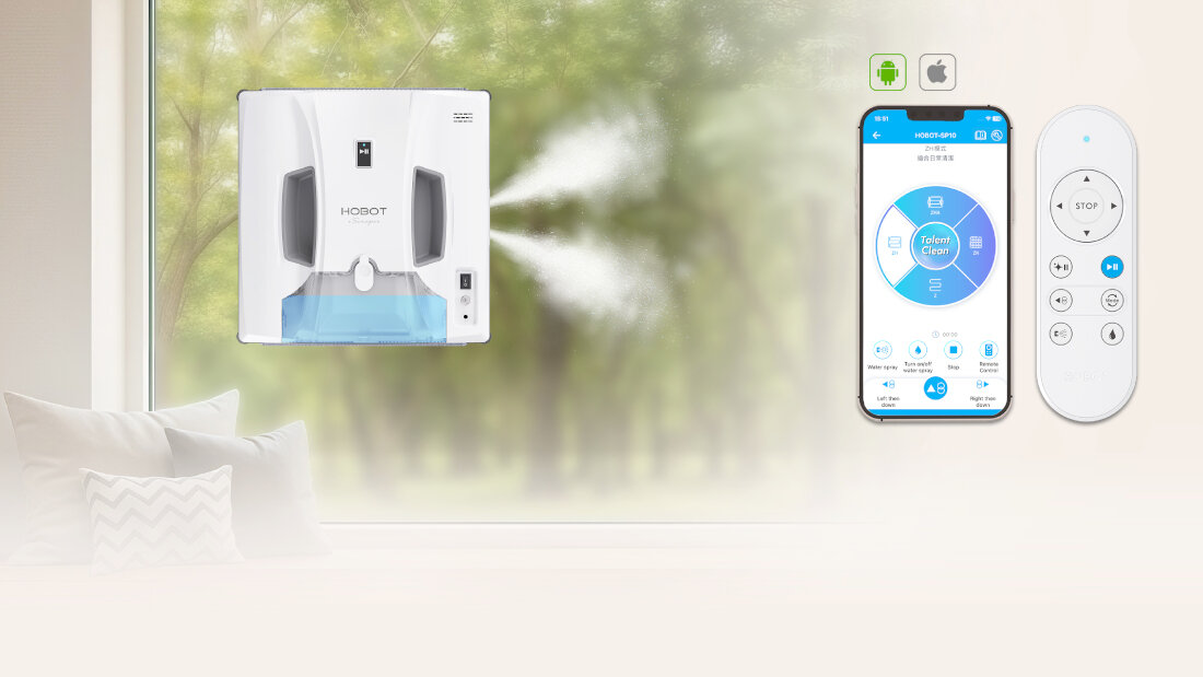 Na obrazie widoczny jest robot do mycia okien z logo \'HOBOT\', aplikacja mobilna na smartfonie oraz pilot zdalnego sterowania. W tle znajduje się duże okno z widokiem na zieleń.