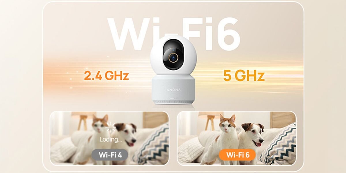Kamera 70MAI Anona Pano 8MP Wewnętrzna, wifi, sygnał, prędkość, połączenie, Wi-Fi, Kamera obrotowa, Kamera Anona wspierająca Wi-Fi 6 oraz pasma 2.4 i 5 GHz.