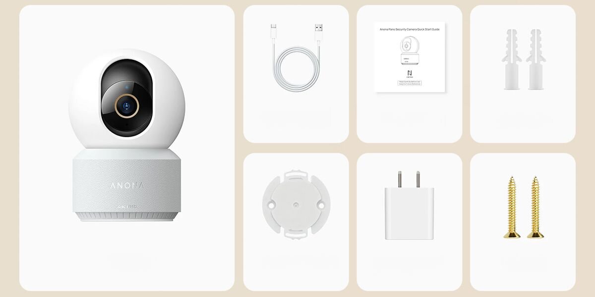 Kamera 70MAI Anona Pano 8MP Wewnętrzna, Wi-Fi, Kamera obrotowa, zestaw, kabel, uchwyt, zasilacz, Zawartość zestawu: kamera, zasilacz, kabel, uchwyt i elementy montażowe.