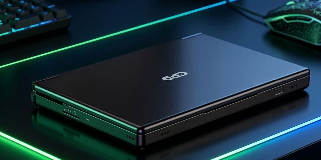 Zamknięty laptop z logo \'GPD\' na pokrywie, umieszczony na powierzchni z neonowym oświetleniem. Obok znajduje się klawiatura i myszka z podświetleniem.