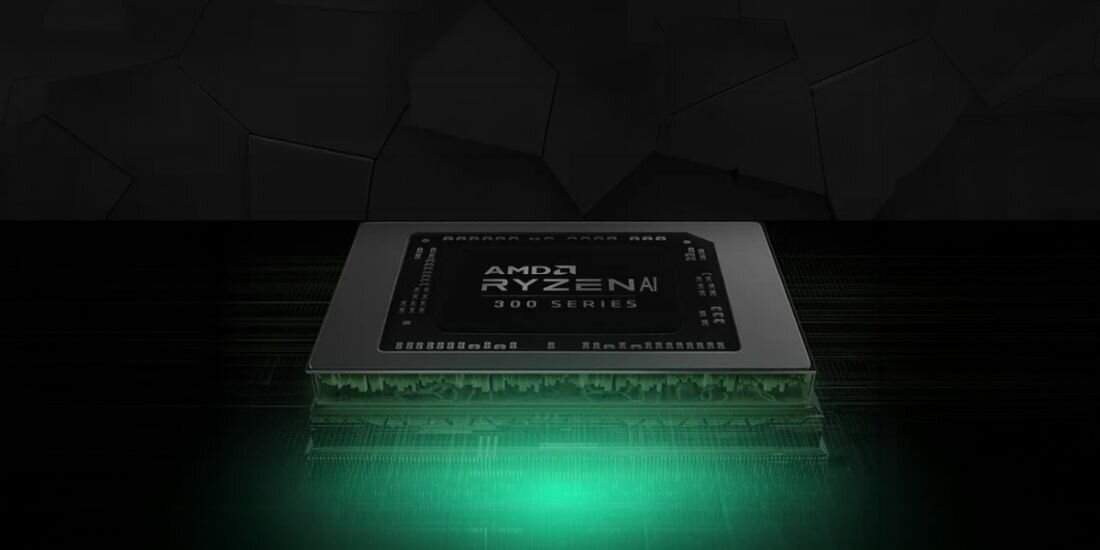 Obraz przedstawia procesor z napisem \'AMD Ryzen AI 7000 Series\' na ciemnym tle z zielonym podświetleniem.
