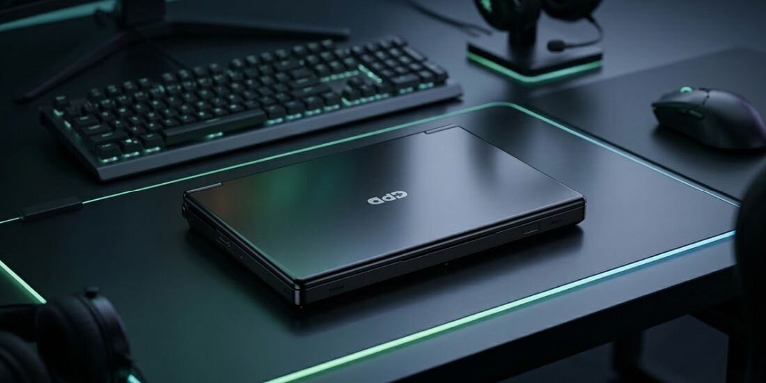 Na biurku znajduje się zamknięty laptop z widocznym logo \'GPD\'. Obok laptopa leży klawiatura, mysz i słuchawki, a całość jest oświetlona delikatnym, zielonym światłem.
