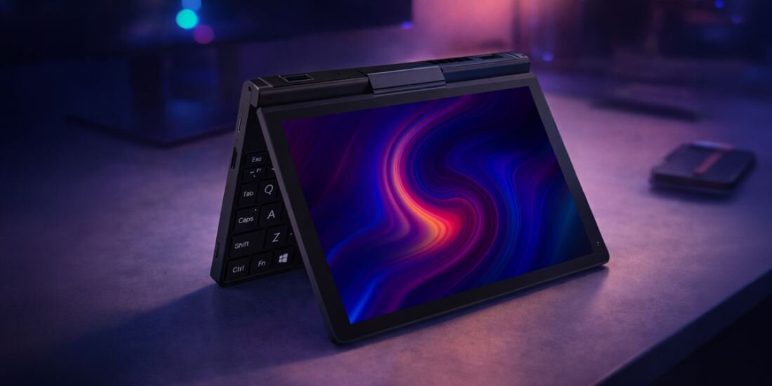 Laptop w trybie namiotu z wyświetlaczem pokazującym kolorowy, abstrakcyjny wzór. Klawiatura jest widoczna z boku, a w tle znajduje się rozmyty element na biurku.