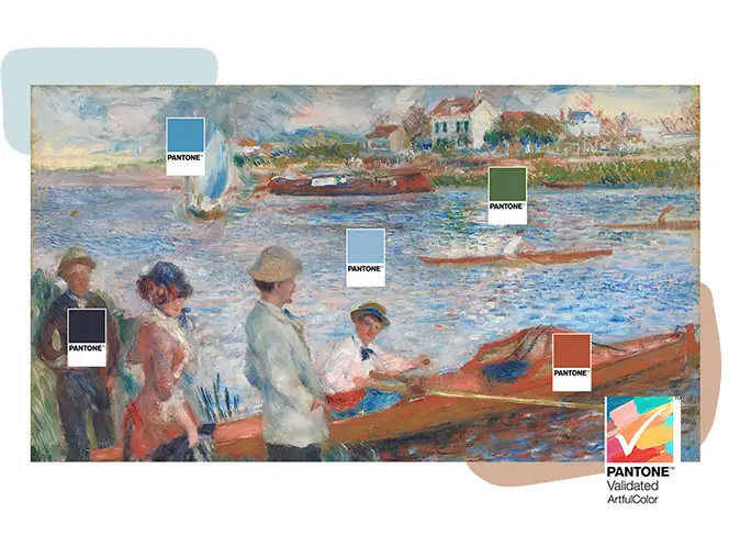 Obraz przedstawia scenę nad rzeką z ludźmi w łodziach i na brzegu, z domami w tle. Na obrazie widoczne są próbki kolorów z napisem \'PANTONE\' oraz logo \'PANTONE Validated ArtfulColor\'.