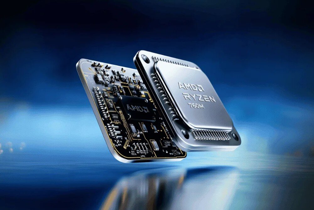 Na obrazie widoczne są dwa procesory, z których jeden ma napis \'AMD RYZEN 7640H\'. Procesory są przedstawione na niebieskim tle.