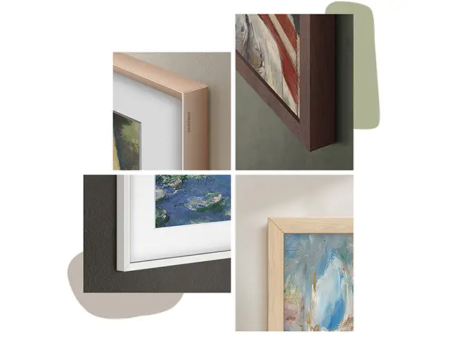 2026-ls03ha-customizable-frame 664x498 Obraz przedstawia cztery różne ramki do obrazów, każda z innym kolorem i teksturą. Widać fragmenty dzieł sztuki w ramach, z różnymi stylami malarskimi.