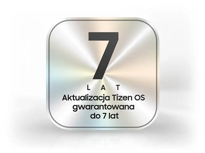 2026-ls03hw-7-years-os-upgrade-banner 664x498 Kwadratowa ikona z dużą cyfrą 7 na środku i tekstem poniżej: \'Aktualizacja Tizen OS gwarantowana do 7 lat\'.