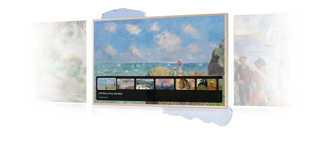 Telewizor wyświetla obraz przedstawiający malowniczy krajobraz z morzem i niebem, z podpisem \'Cliff Walk at Pourville (1882) Claude Monet\'. Na dole ekranu widoczny jest pasek z miniaturami innych obrazów.