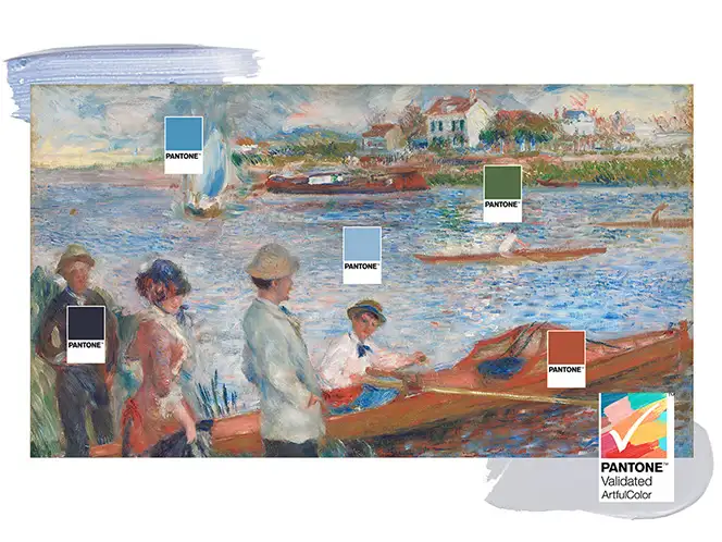 Obraz przedstawia scenę nad rzeką z ludźmi w łodziach i na brzegu, z oznaczeniami kolorów Pantone na różnych elementach. W prawym dolnym rogu znajduje się logo \'PANTONE Validated ArtuColor\'.