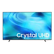 Telewizor z wyświetlaczem pokazującym niebieskie abstrakcyjne tło z napisem \'Crystal UHD\'.