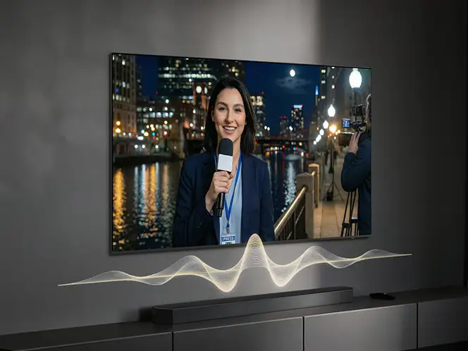 2026-dynamic-sound-pack-2-adaptive-sound 664x498 Na ekranie telewizora widać kobietę z mikrofonem, stojącą na tle nocnego miasta z oświetlonymi budynkami i wodą. Przed telewizorem znajduje się wizualizacja fal dźwiękowych.