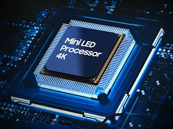 Obraz przedstawia procesor z napisem \'Mini LED Processor 4K\' na tle schematu elektronicznego z niebieskimi elementami.