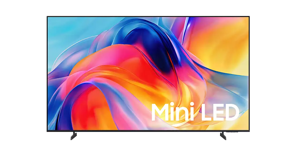 miniled m74h 65 75 85 inch 1008x534 Telewizor z cienką ramką wyświetla kolorową grafikę z napisem \'Mini LED\'.
