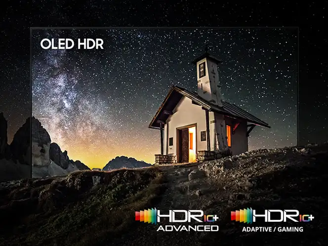 Obraz przedstawia mały domek na tle rozgwieżdżonego nieba. Widoczny tekst to \'OLED HDR\' oraz \'HDR 10+ ADVANCED\' i \'HDR 10+ ADAPTIVE / GAMING\'.