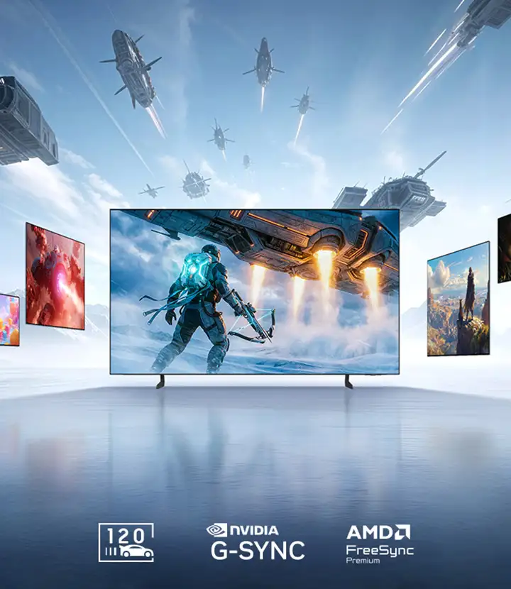 Obraz przedstawia telewizor wyświetlający scenę z gry z postacią w futurystycznym stroju i statkami kosmicznymi. Na dole widoczne są logotypy: 120 Hz, NVIDIA G-SYNC, AMD FreeSync Premium.