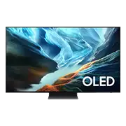 Telewizor z wyświetlaczem OLED pokazujący abstrakcyjny obraz w odcieniach niebieskiego i pomarańczowego. Na ekranie widoczny jest napis \'OLED\'.